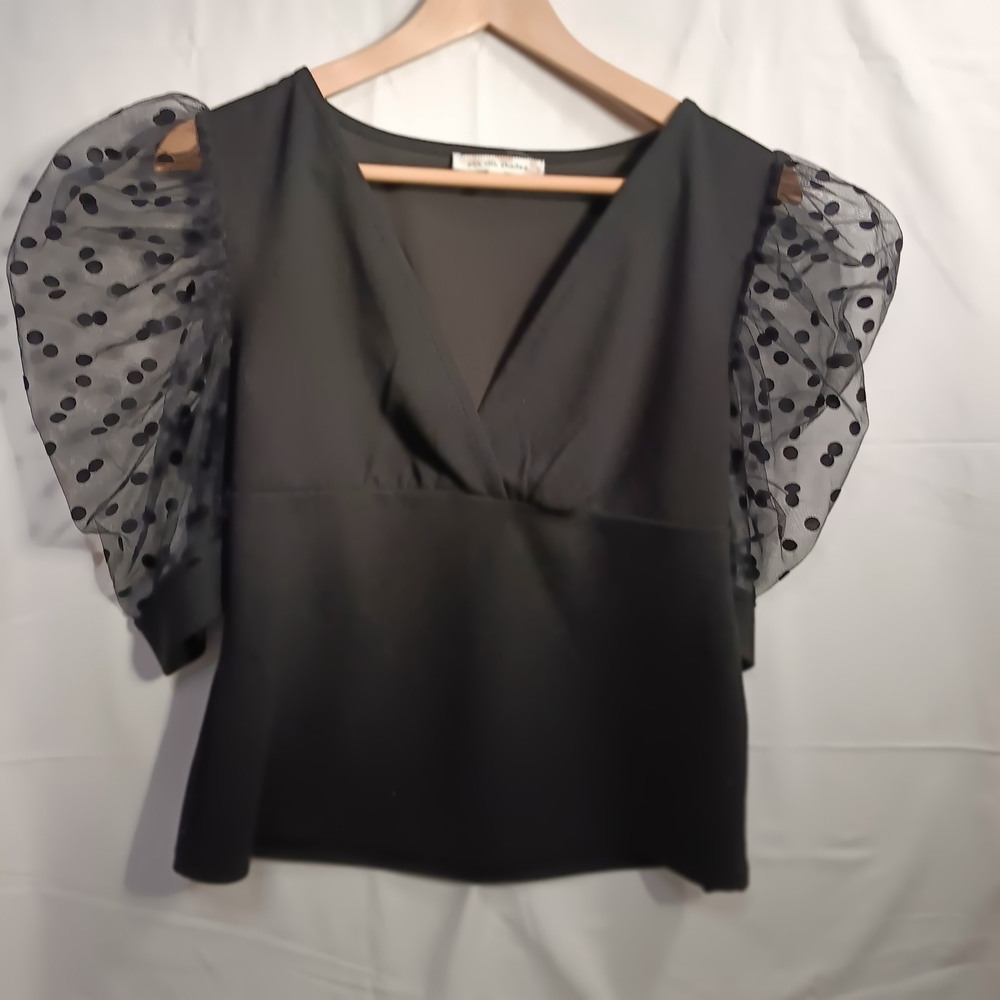 See The Shades Elegant Black Blouse with Sheer Polka Dot Sleeves